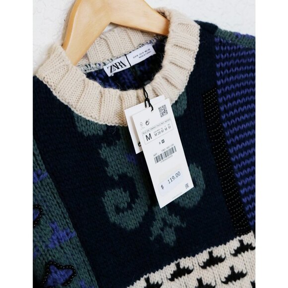 NEW Zara Patchwork Wool Blend Beaded Applique Oversize Limited Edition Sweater M - Picture 13 of 13